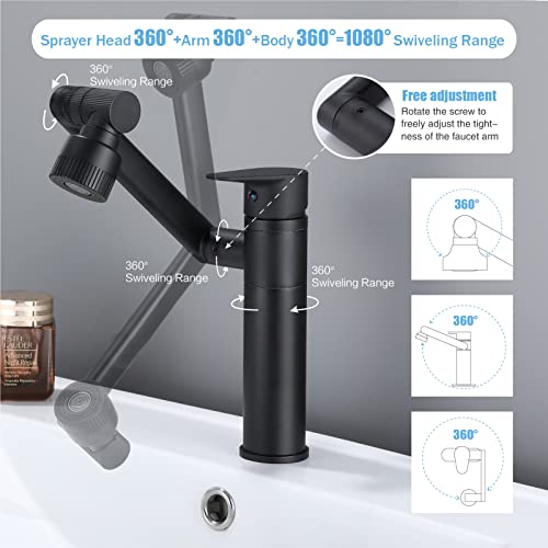 HUAHUALALA 1080 Degree Swivel Faucet for Bathroom Sink,Matte Black Kitchen Faucet with Big Angle Rotate Spray Dual Function,Single Handle Vanity Faucet with Deck Plate,Lavatory Faucet,1 or 3 Hole