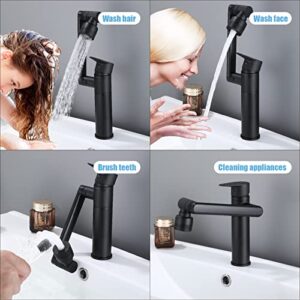 HUAHUALALA 1080 Degree Swivel Faucet for Bathroom Sink,Matte Black Kitchen Faucet with Big Angle Rotate Spray Dual Function,Single Handle Vanity Faucet with Deck Plate,Lavatory Faucet,1 or 3 Hole