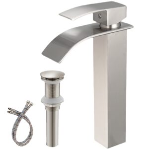 bwe vessel sink faucet modern waterfall brushed nickel single hole bathroom faucet single handle with pop up drain without overflow assembly vanity basin bath sink faucets mixer tap lead-free