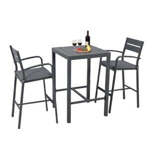 soleil jardin aluminum outdoor bar set, 3-piece outdoor bar height table and chairs set, counter height bar stools with cushions & slatted high top bar table for patios, backyard, poolside, dark grey
