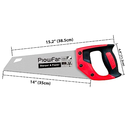 Plowfar 14 inch Hand Saw 11TPI Pro Fine Cut for Wood, Plastic Pipes, Drywall, Trees Trimming & Pruning, Sharp Manual Saw for Woodworking, Red