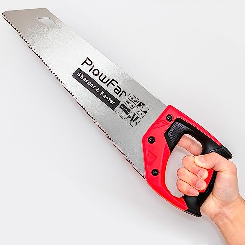 Plowfar 14 inch Hand Saw 11TPI Pro Fine Cut for Wood, Plastic Pipes, Drywall, Trees Trimming & Pruning, Sharp Manual Saw for Woodworking, Red