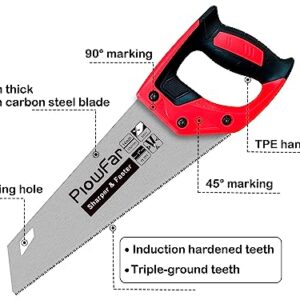 Plowfar 14 inch Hand Saw 11TPI Pro Fine Cut for Wood, Plastic Pipes, Drywall, Trees Trimming & Pruning, Sharp Manual Saw for Woodworking, Red