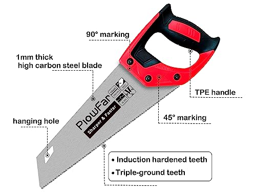 Plowfar 14 inch Hand Saw 11TPI Pro Fine Cut for Wood, Plastic Pipes, Drywall, Trees Trimming & Pruning, Sharp Manual Saw for Woodworking, Red