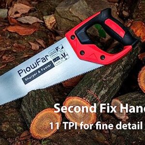 Plowfar 14 inch Hand Saw 11TPI Pro Fine Cut for Wood, Plastic Pipes, Drywall, Trees Trimming & Pruning, Sharp Manual Saw for Woodworking, Red