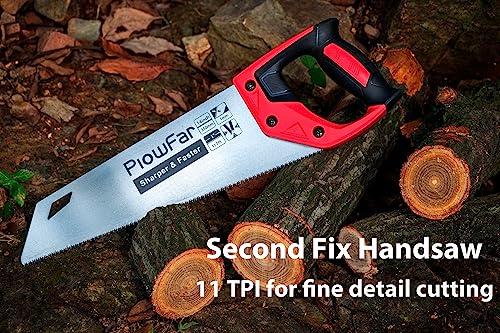 Plowfar 14 inch Hand Saw 11TPI Pro Fine Cut for Wood, Plastic Pipes, Drywall, Trees Trimming & Pruning, Sharp Manual Saw for Woodworking, Red