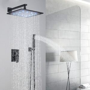 Saeuwtowy 12 inches LED Rainfall Shower Head with Brass Handheld Rain Shower System Shower Faucets Sets Complete or Bathroom Rough-in Valve Body and Trim Included Matte Black