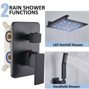 Saeuwtowy 12 inches LED Rainfall Shower Head with Brass Handheld Rain Shower System Shower Faucets Sets Complete or Bathroom Rough-in Valve Body and Trim Included Matte Black