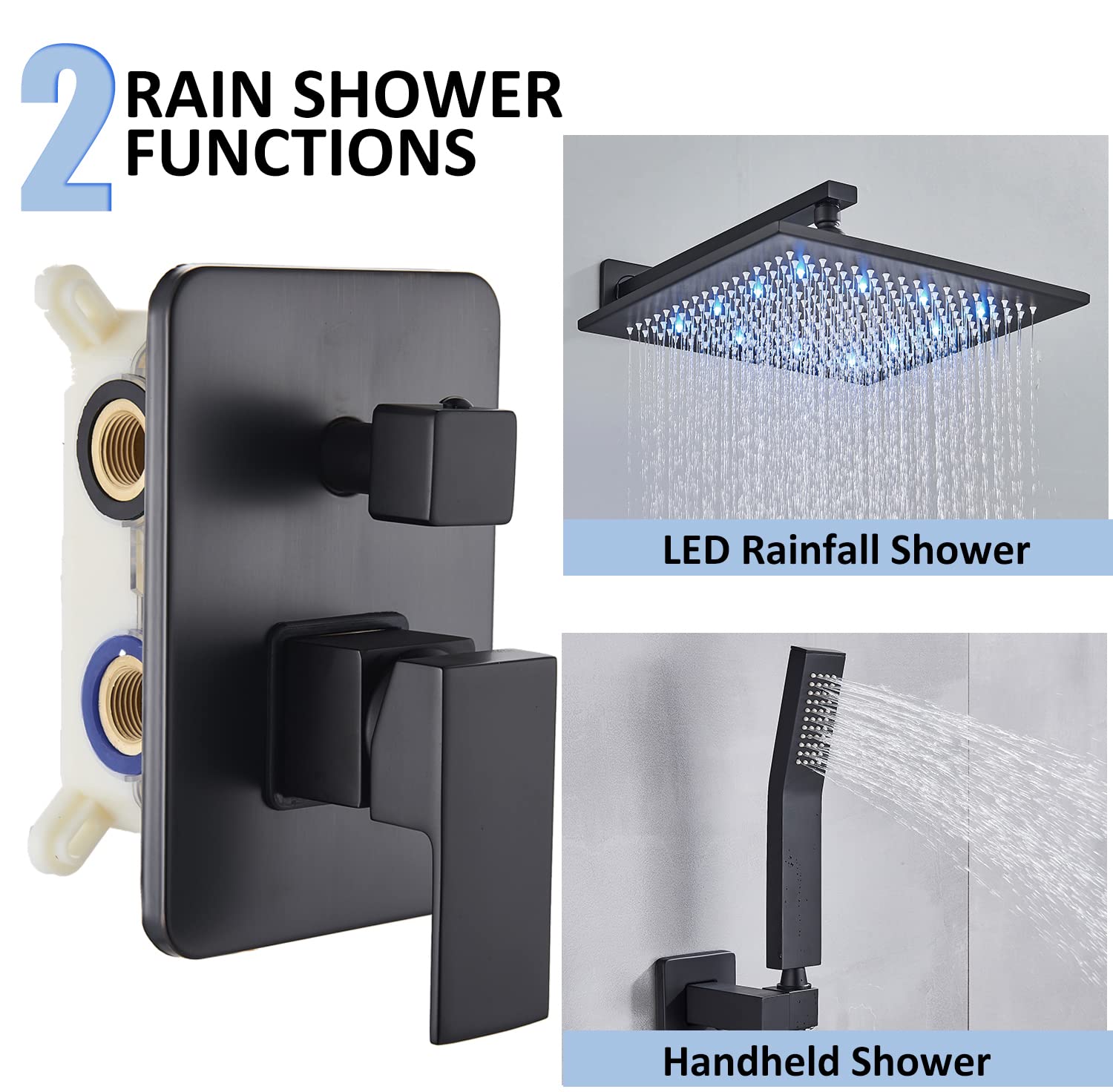 Saeuwtowy 12 inches LED Rainfall Shower Head with Brass Handheld Rain Shower System Shower Faucets Sets Complete or Bathroom Rough-in Valve Body and Trim Included Matte Black