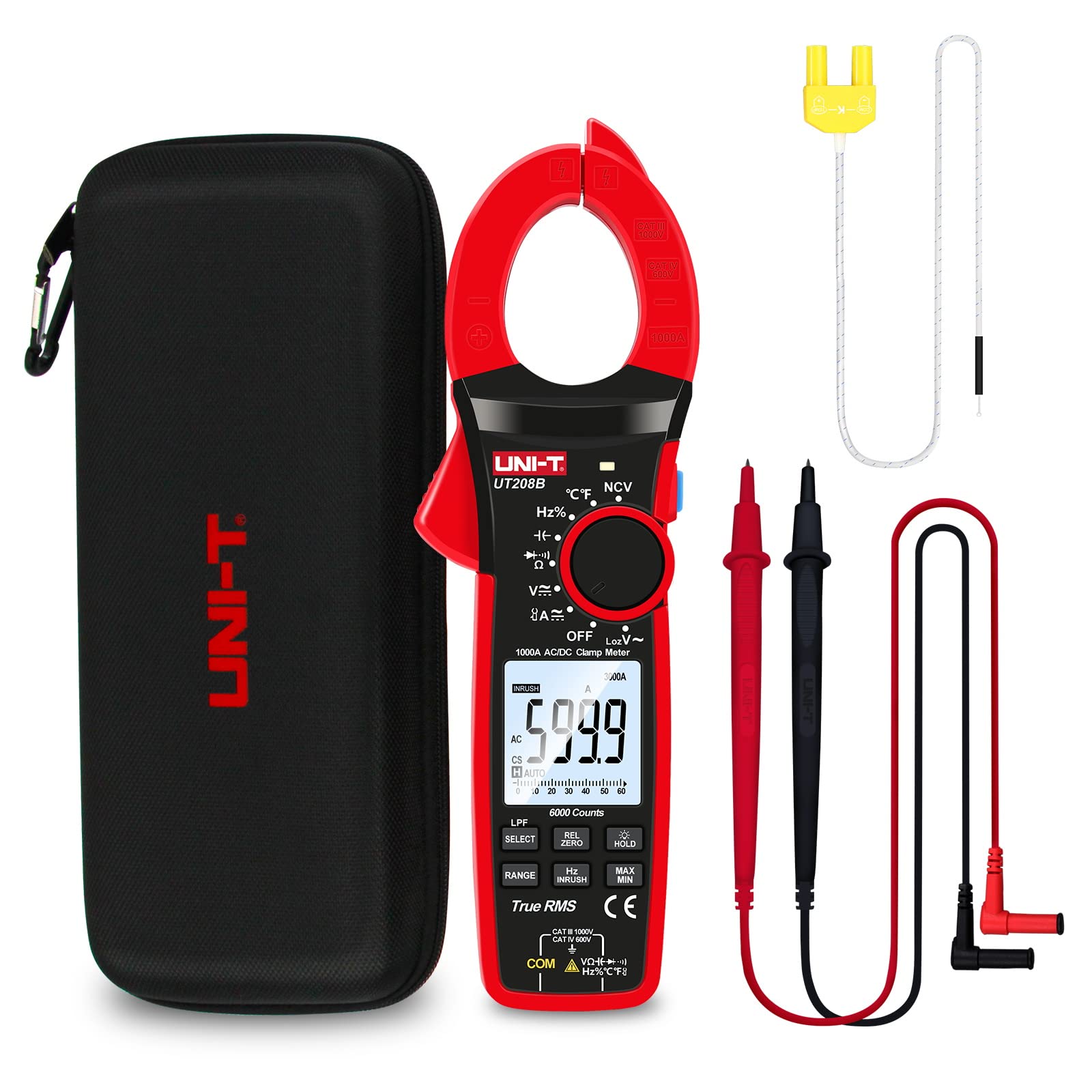 UNI-T Digital Clamp Meter UT208B Inrush Current AC/DC 1000A TRMS HVAC Volt Amp Ohm Meter Clamp On Multimeter Auto Ranging 6000Counts Voltage Frequency LPF ACV Capacitance Duty Cycle Temperature Tester