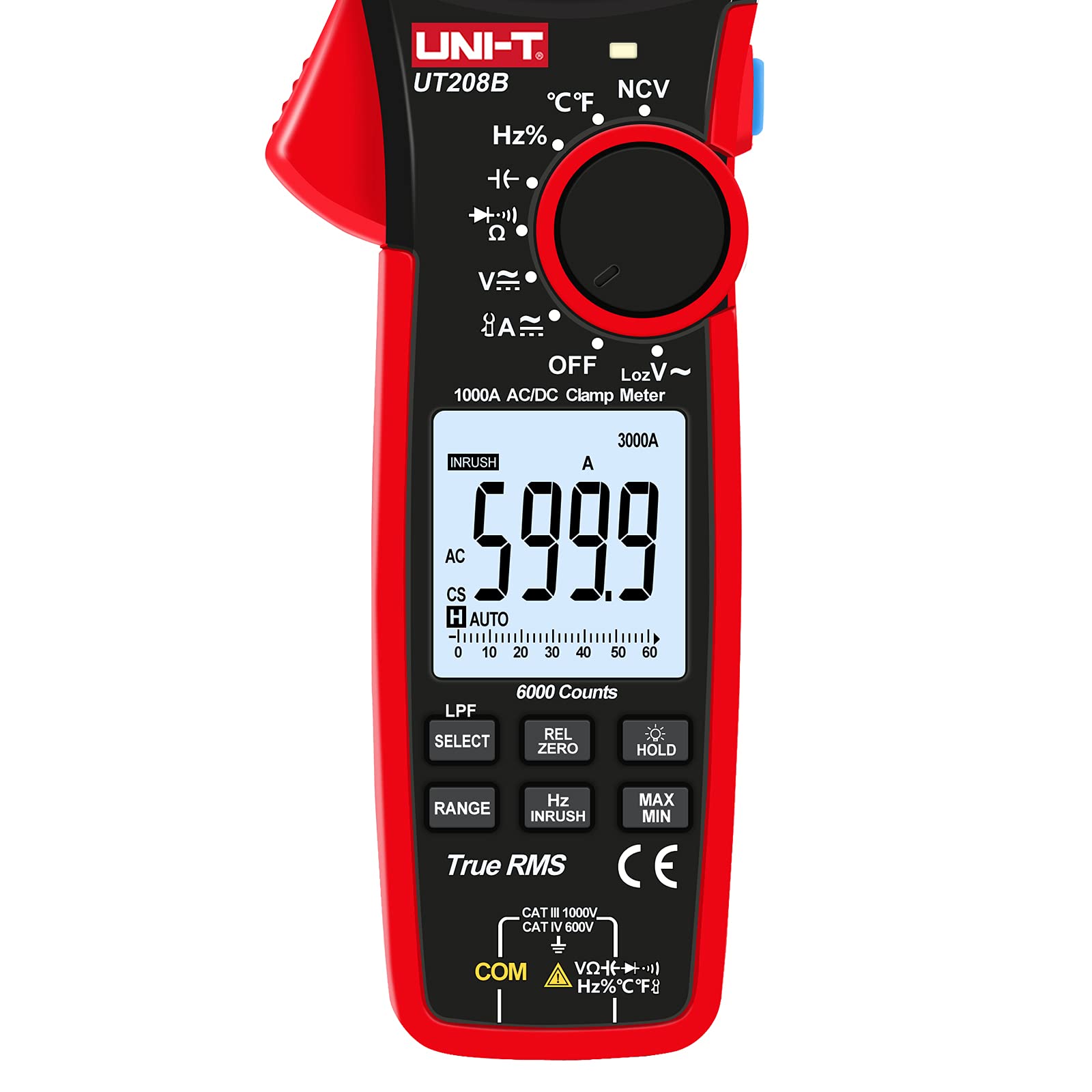 UNI-T Digital Clamp Meter UT208B Inrush Current AC/DC 1000A TRMS HVAC Volt Amp Ohm Meter Clamp On Multimeter Auto Ranging 6000Counts Voltage Frequency LPF ACV Capacitance Duty Cycle Temperature Tester