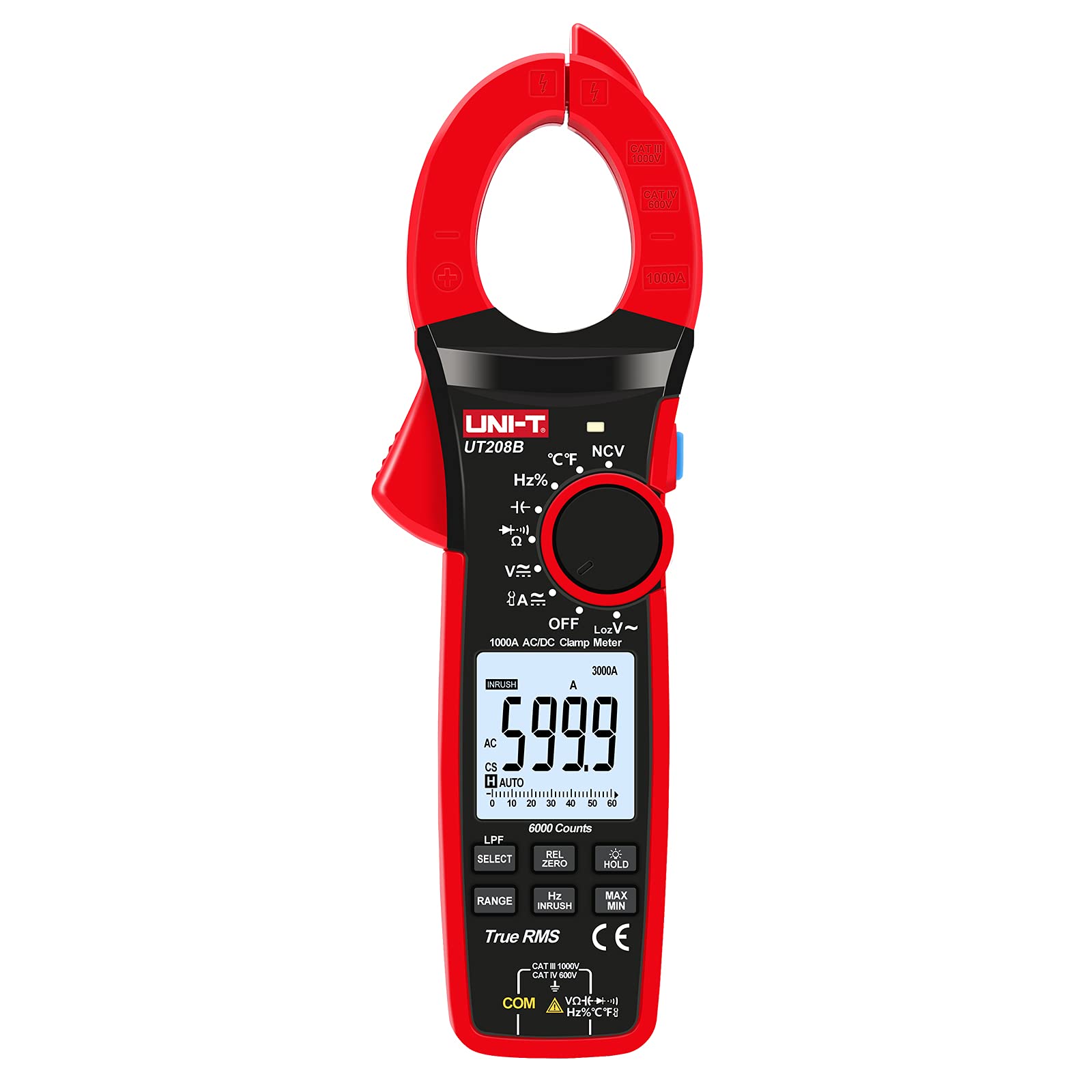 UNI-T Digital Clamp Meter UT208B Inrush Current AC/DC 1000A TRMS HVAC Volt Amp Ohm Meter Clamp On Multimeter Auto Ranging 6000Counts Voltage Frequency LPF ACV Capacitance Duty Cycle Temperature Tester