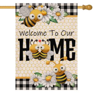 furiaz welcome to our home bee spring summer decorative large house flag, buffalo plaid check daisy home outside garden yard decorations, farmhouse burlap outdoor decor double sided 28x40
