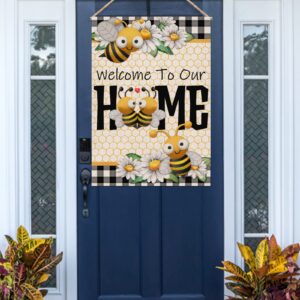 Furiaz Welcome to Our Home Bee Spring Summer Decorative Large House Flag, Buffalo Plaid Check Daisy Home Outside Garden Yard Decorations, Farmhouse Burlap Outdoor Decor Double Sided 28x40