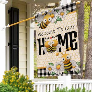 Furiaz Welcome to Our Home Bee Spring Summer Decorative Large House Flag, Buffalo Plaid Check Daisy Home Outside Garden Yard Decorations, Farmhouse Burlap Outdoor Decor Double Sided 28x40