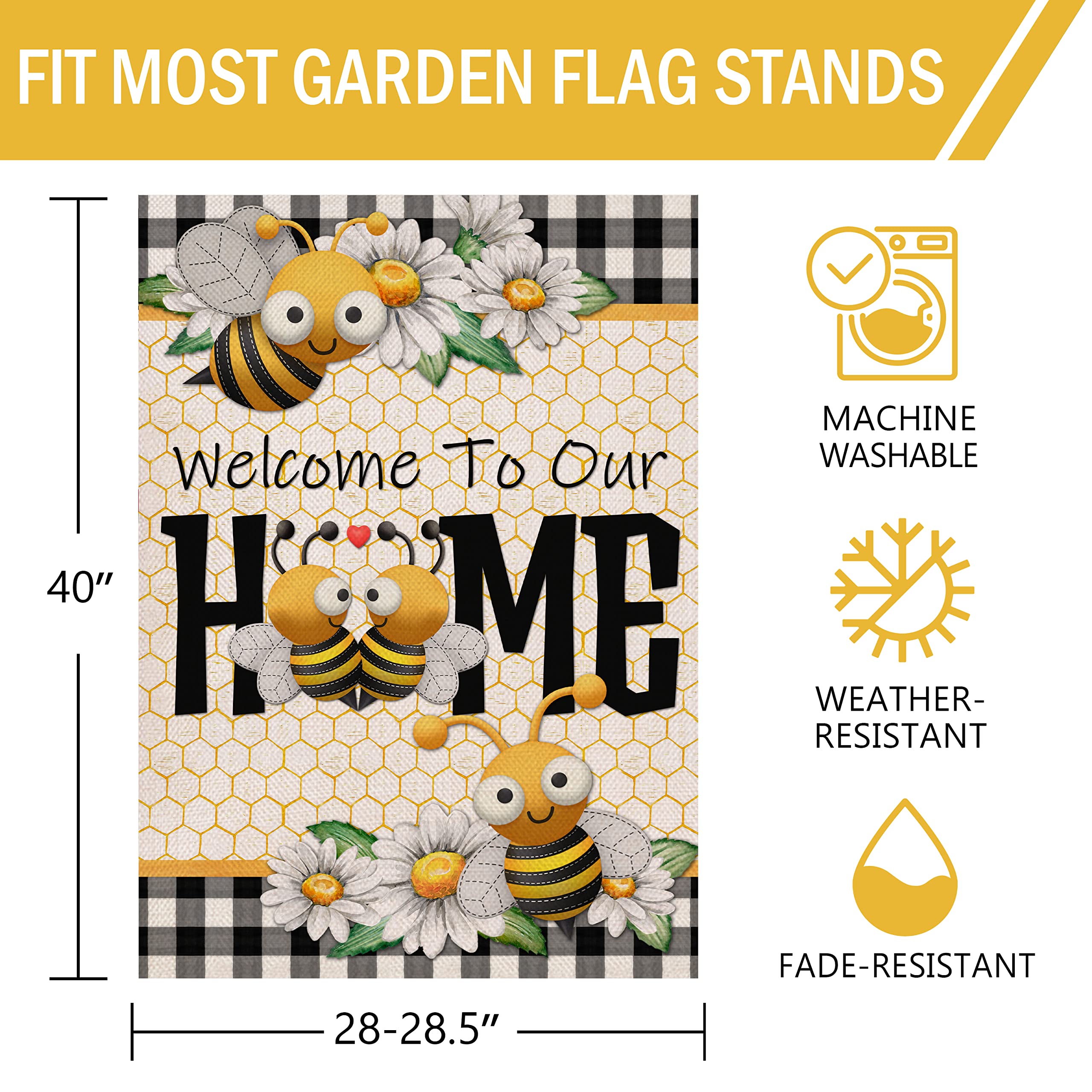 Furiaz Welcome to Our Home Bee Spring Summer Decorative Large House Flag, Buffalo Plaid Check Daisy Home Outside Garden Yard Decorations, Farmhouse Burlap Outdoor Decor Double Sided 28x40