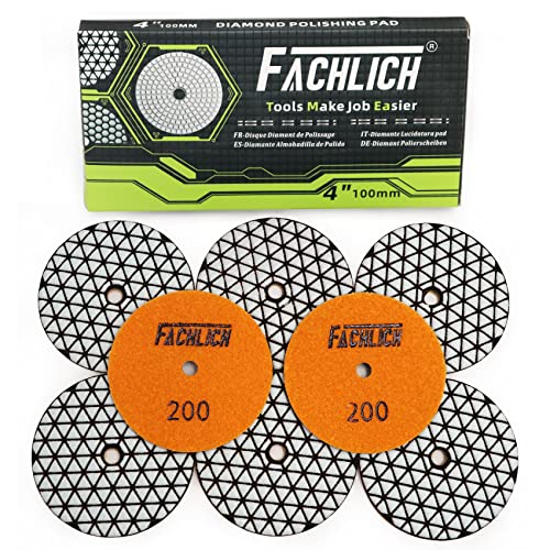 FACHLICH Dry Diamond Polishing Pads,100mm/4 Inch 8pcs Grit 200 for Granite,Marble,Quartz Stone Countertop,Sanding Grinder or Polisher Pads