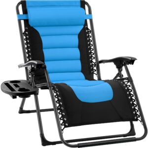 best choice products oversized padded zero gravity chair, folding outdoor patio recliner, xl anti gravity lounger for backyard w/headrest, cup holder, side tray, polyester mesh - sky blue