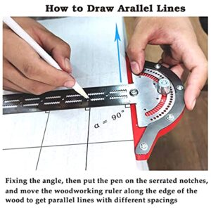 MUSIBO Protractor Angle Finder, Woodworkers Edge Ruler, T Square, T Ruler, Straight Edge inch Ruler,Multi-Function Angle Measure Tool Woodworking Metal Ruler Kit with Wall Hanging Storage Rack(18in)