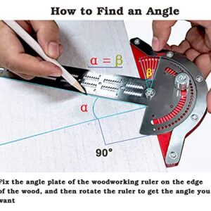 MUSIBO Protractor Angle Finder, Woodworkers Edge Ruler, T Square, T Ruler, Straight Edge inch Ruler,Multi-Function Angle Measure Tool Woodworking Metal Ruler Kit with Wall Hanging Storage Rack(18in)