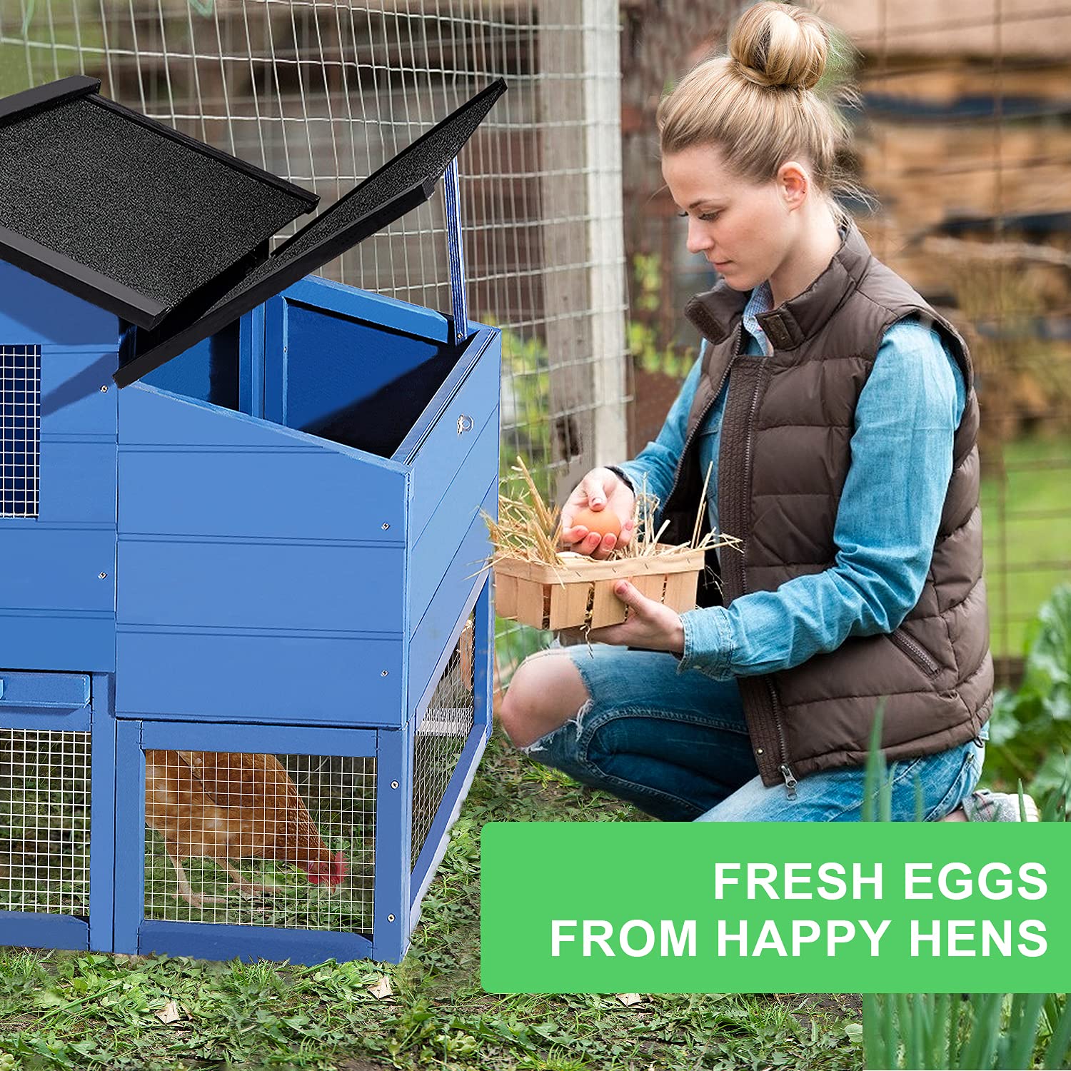 MIXXIDEA Large Chicken Coop Wooden Chicken Runs for Yard with Cover Portable Nesting Boxes Chicken Multi-Level Hen House, Poultry Cage, Chicken Swing Coop 65” Chicken Pen – Blue