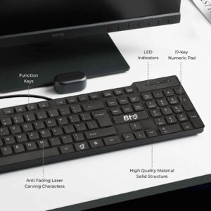 BTO USB Wired Keyboard, 104 Keys with Numeric Pad, Anti Spill and Dust Proof, Slim and Flexible Design, Compatible with Laptop Notebooks, Desktops PCs, Tablets, Towers, Windows 7, 8, 10, 11