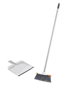 superio angle broom and clip-on dustpan set, slim hand broom telescopic handle 53 inches tall, clip on dust pan with low edge rubber lip