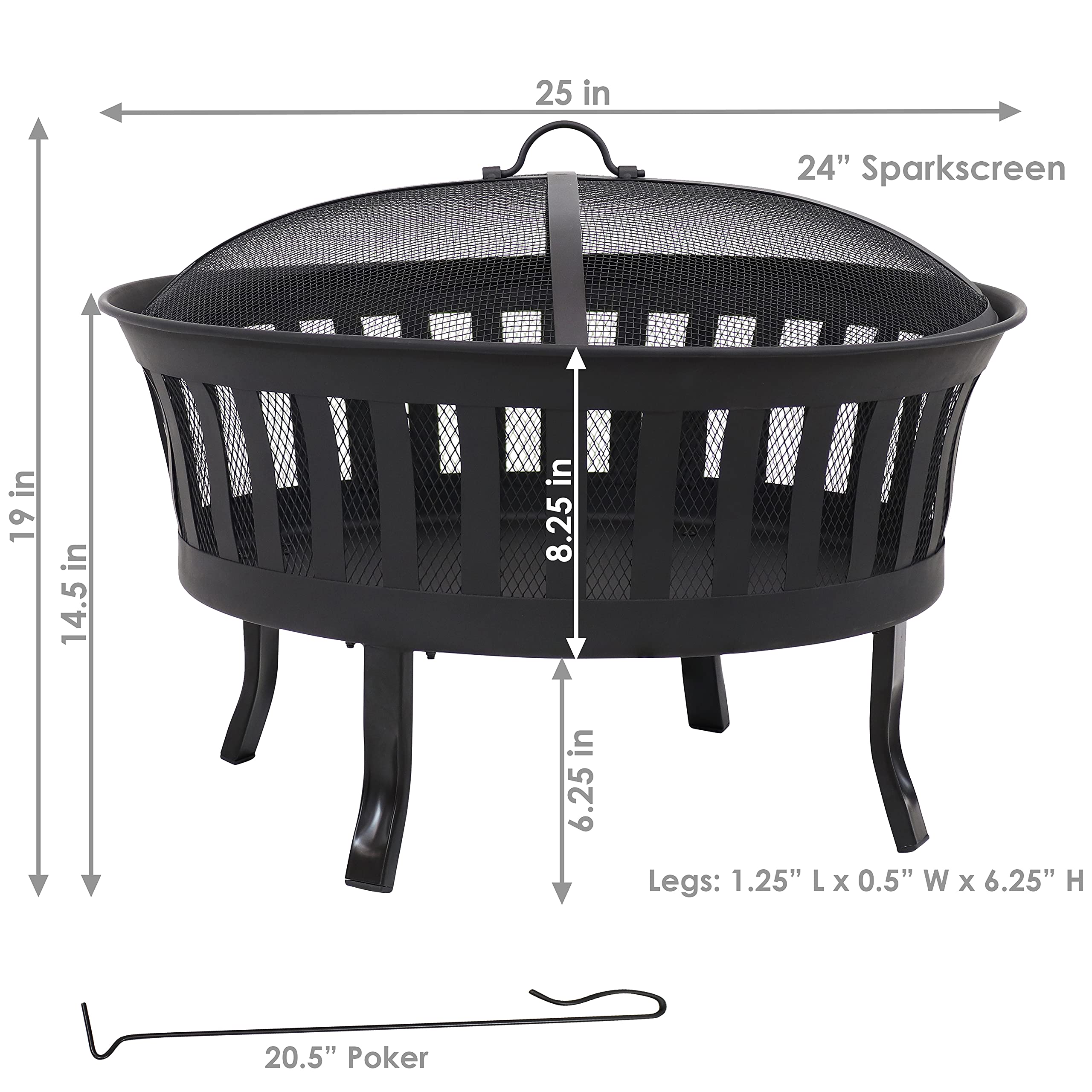 Sunnydaze 25-Inch Steel Wood-Burning Fire Pit with Mesh Stripe Cutouts - Includes Poker and Spark Screen