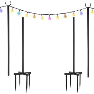 string light poles for outdoor lights 2 pack,100 inch height adjustable metal stand pole with hooks hanging lights，garden, backyard, patio lighting parties, wedding (black)