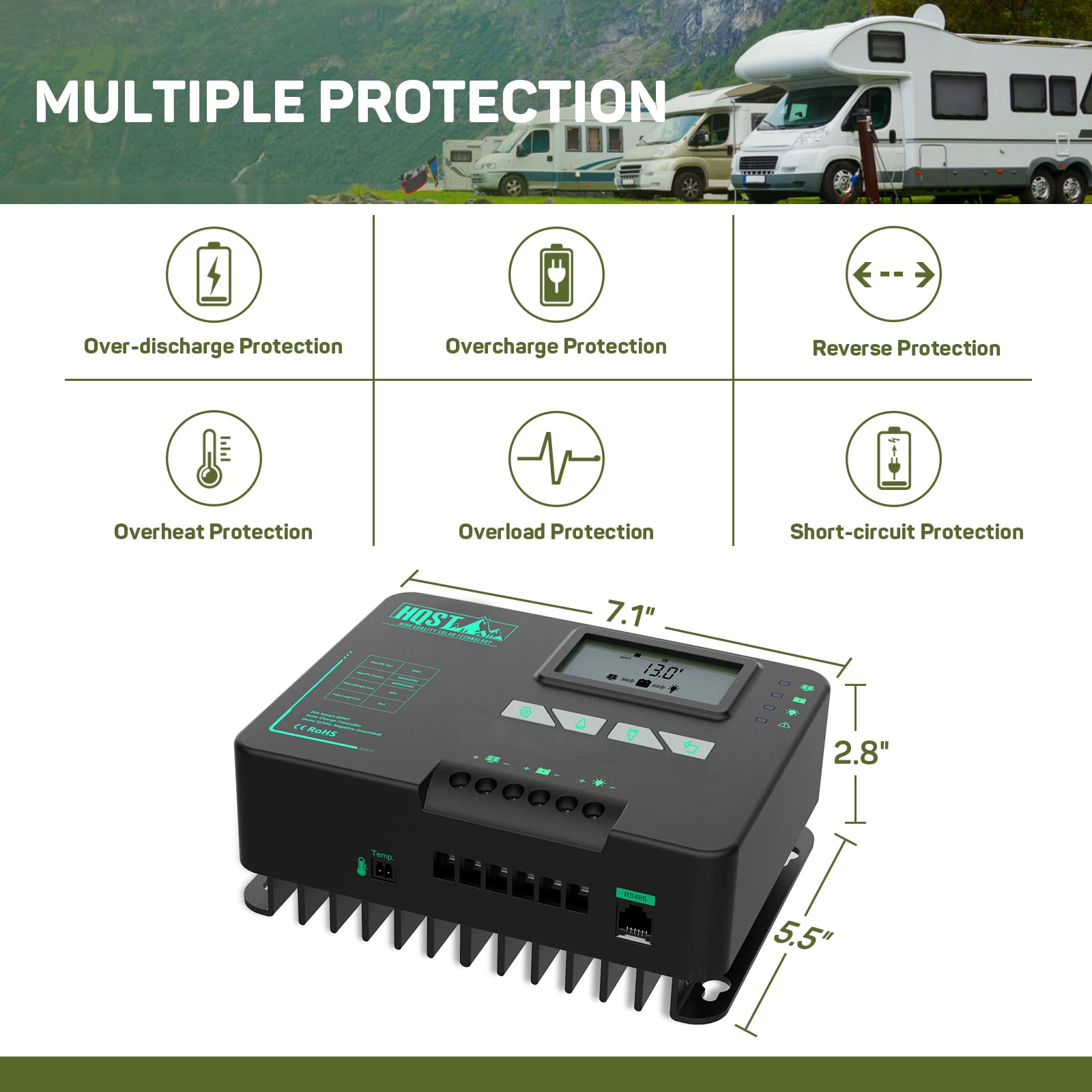 HQST MPPT Solar Charge Controller 20 Amp Negative Grounded Controller with Bluetooth LCD Display, 12V/24V DC Input Solar Panel Regulator for Gel Sealed Flooded and Lithium Battery