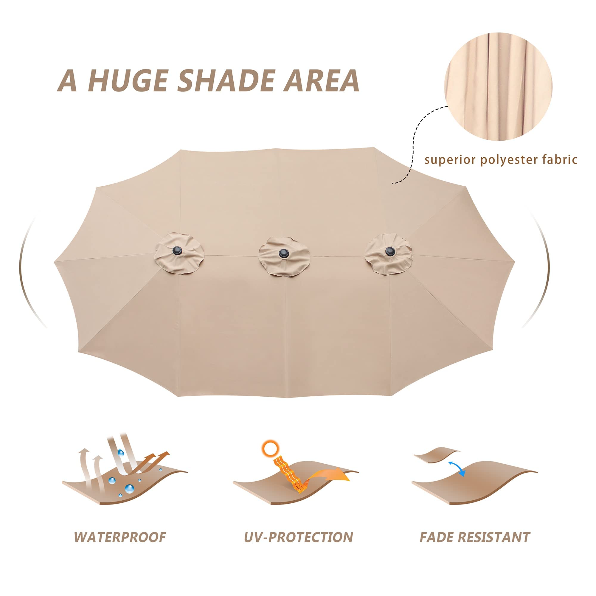 Bigroof 15ft x 9ft Patio Double-Sided Umbrella with Base & Crank, Extra Large Rectangular Outdoor Umbrella for Patio, Lawn & Garden, Beige