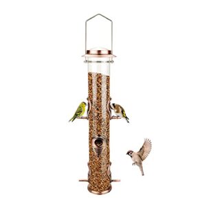 metal bird feeder tube hanging wild bird seed feeder aluminum six port bird feeders,1.4 mm extra thick solid tube transparent with steel hanger great for attracting birds