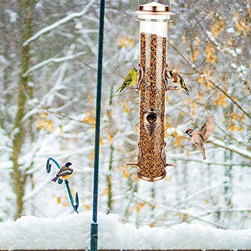 Metal Bird Feeder Tube Hanging Wild Bird Seed Feeder Aluminum Six Port Bird Feeders,1.4 mm Extra Thick Solid Tube Transparent with Steel Hanger Great for Attracting Birds