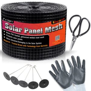 maporch 6"x120ft solar mesh screen for bird proofing solar panels, solar panel bird guard & black pvc coated galvanized steel with 60 fastener solar panel clips, cutting scissor & gloves included