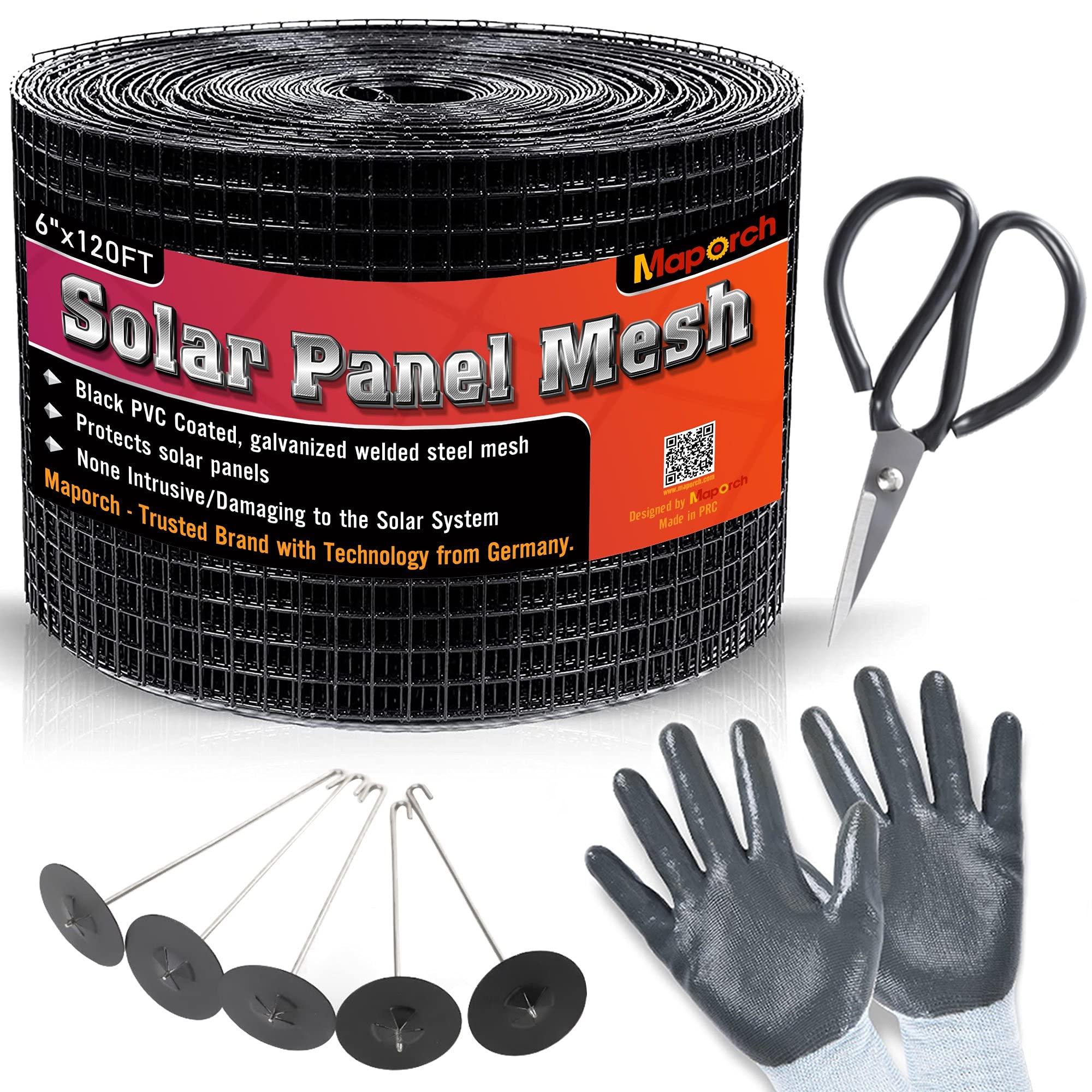 MAPORCH 6"x120FT Solar Mesh Screen for Bird Proofing Solar Panels, Solar Panel Bird Guard & Black PVC Coated Galvanized Steel with 60 Fastener Solar Panel Clips, Cutting Scissor & Gloves Included