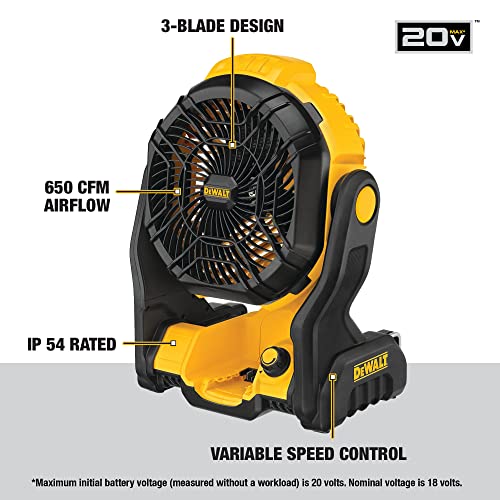 DEWALT 20V MAX Jobsite Fan, Cordless, Portable, Bare Tool Only (DCE512B), 12x8x14 inches, Yellow/Black