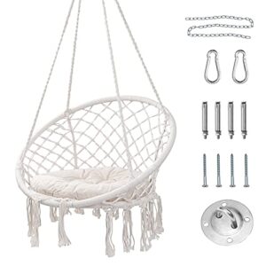 hblife hammock chair, hanging swing with macrame and cushion, max 330 lbs, beige hanging cotton rope chair for indoor, outdoor, bedroom, patio, yard, deck, garden and porch