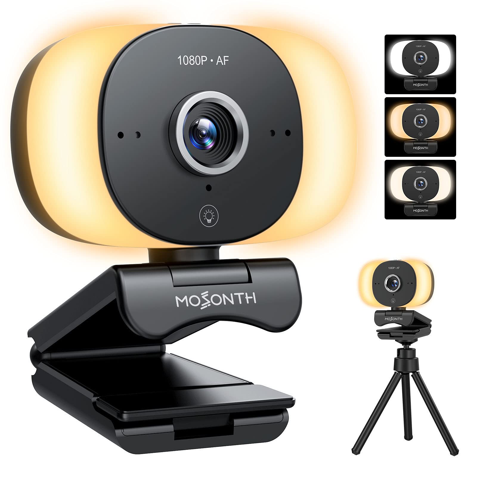 MOSONTH Webcam with Microphone, 60FPS Autofocus Computer Camera with 3 Light Colors, Web Camera with Built-in Privacy Cover, Tripod, Streaming Webcam for Conferencing, Teaching