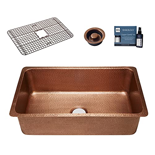 Sinkology K406-D62 Rivera Undermount 31.25 in. Single Bowl Grid, Disposal Drain, and Care Kitchen Sink Kit, 31.25 inch, Antique Copper