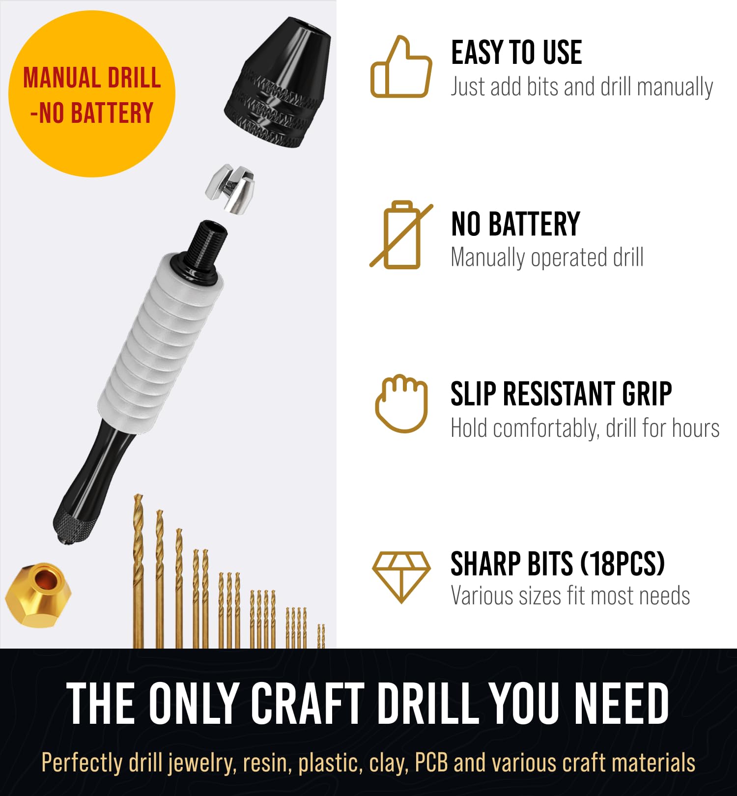 Pin Vise Small Hand Drill for Jewelry Making - Craft911 Manual Craft Drill Sharp HSS Micro Mini Twist Drill Bits Set for Resin, Rotary Tools for Wood, Jewelry, Plastic, Miniature - Golden