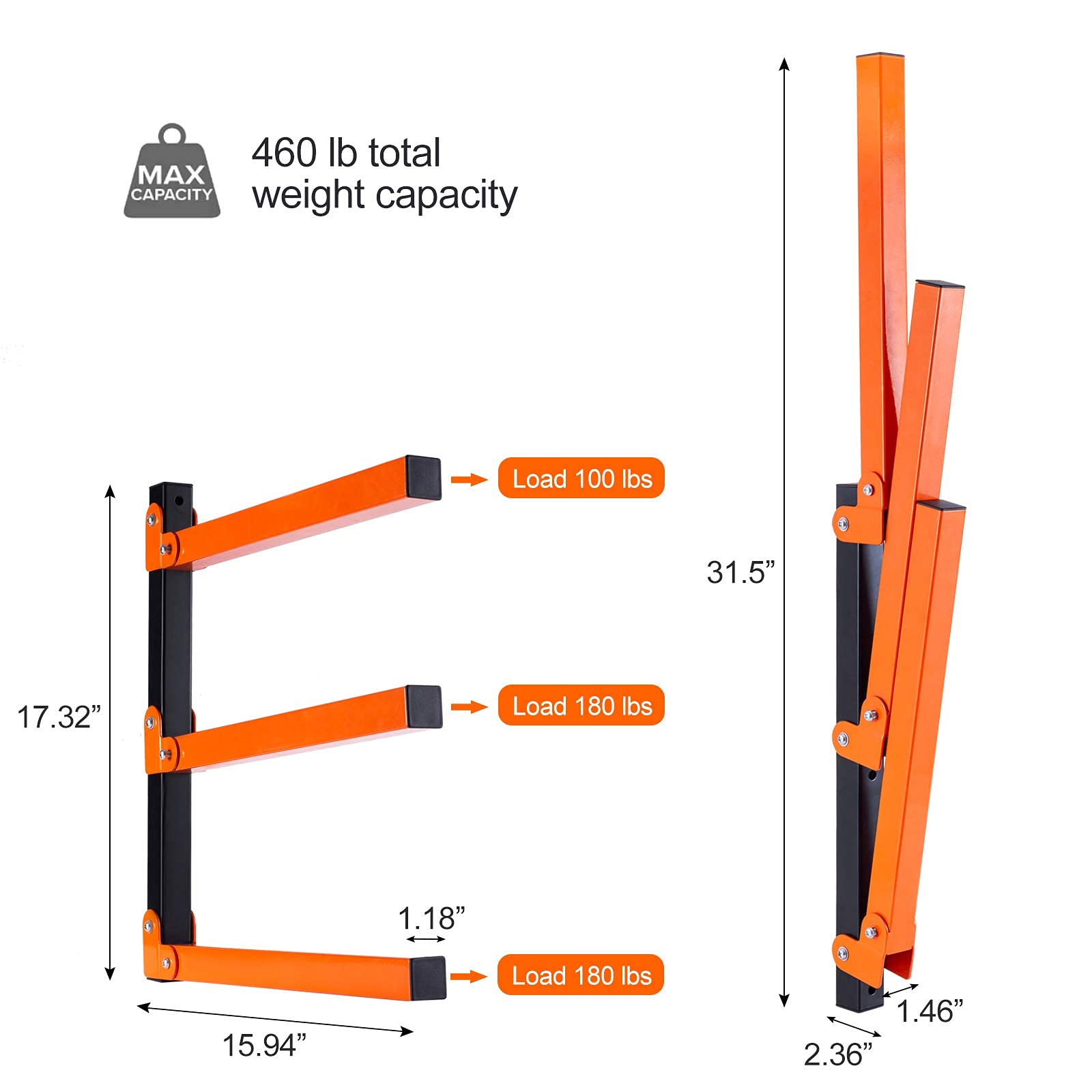 Ultrawall Lumber Storage Metal Rack with 3-Level and Garage Hooks for Snow Board Hook Tire Rack