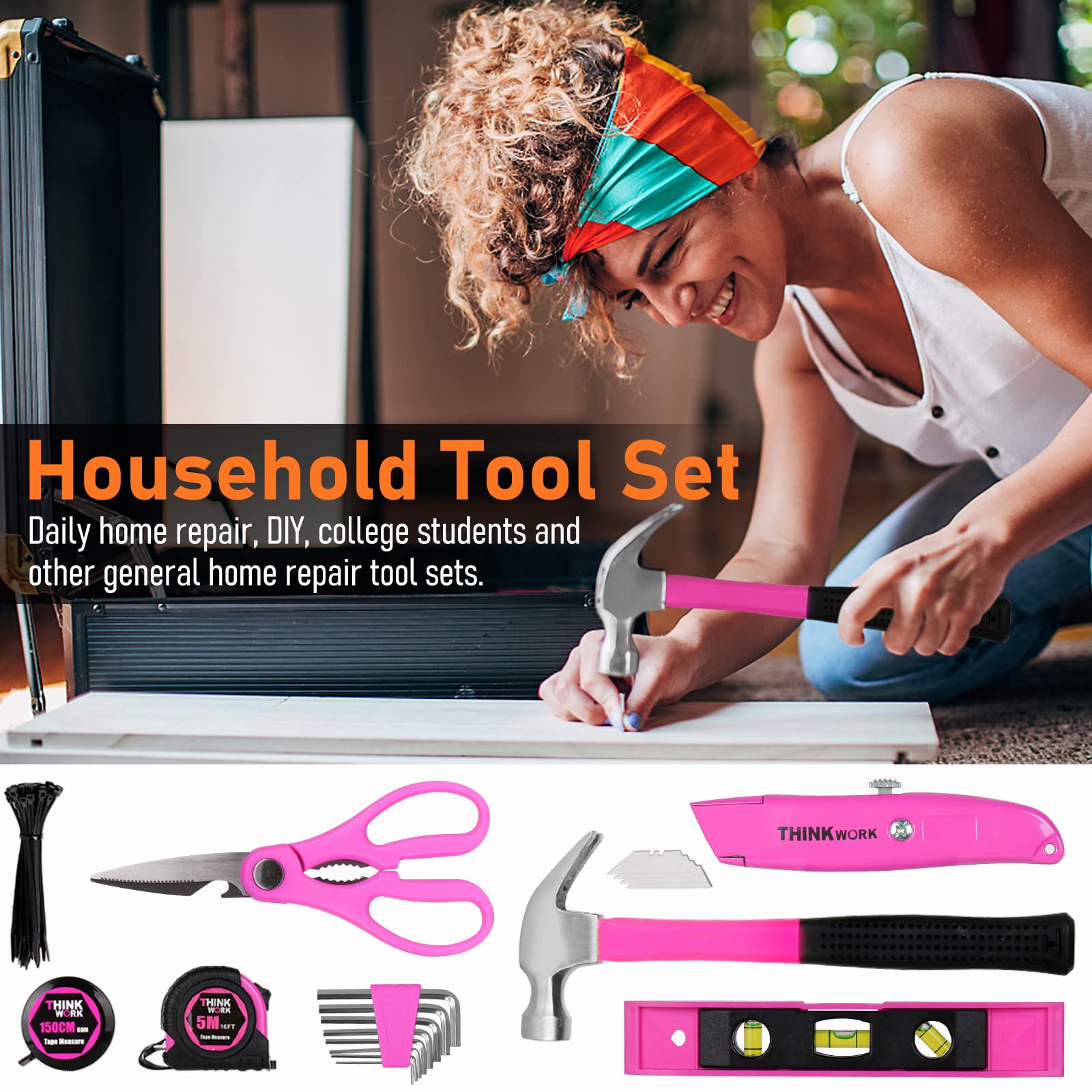 THINKWORK Pink Tool Set - 207 Piece Lady's Portable Home Repairing Tool Kit with 13'' Wide Mouth Open Storage Tool Bag, Perfect for DIY, Home Maintenance - Christmas Gift for Women, LHTS-034