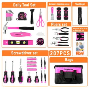 THINKWORK Pink Tool Set - 207 Piece Lady's Portable Home Repairing Tool Kit with 13'' Wide Mouth Open Storage Tool Bag, Perfect for DIY, Home Maintenance - Christmas Gift for Women, LHTS-034