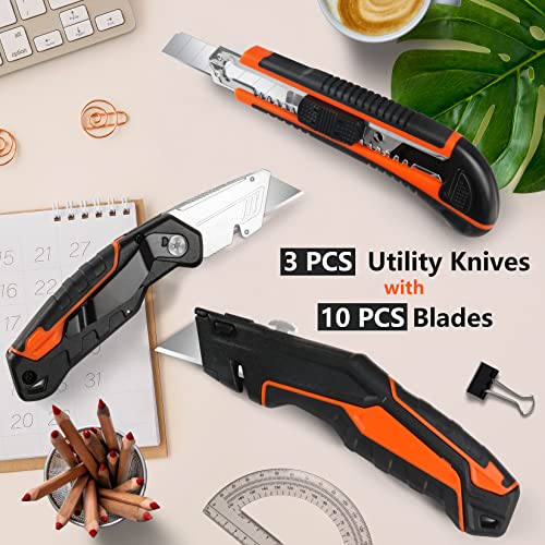 DIYSELF 3 Pack Box Cutter, Heavy Duty Utility Knife for Cardboard, Box Cutters Razor Knife for Construction, Work, Box Opener Cardboard Cutter for Warehouse, Office, Shop, Box Knife Exacto Knife