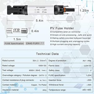 Pvfarosh 30A Solar Fuse Connector IP68 Waterproof 1000V in-line Fuse Holder 30A Male and Female Connector Waterproof in-Line Fuse Holder (Contains 4 fuses + 2 Solar Fuse Holders)… (30A)