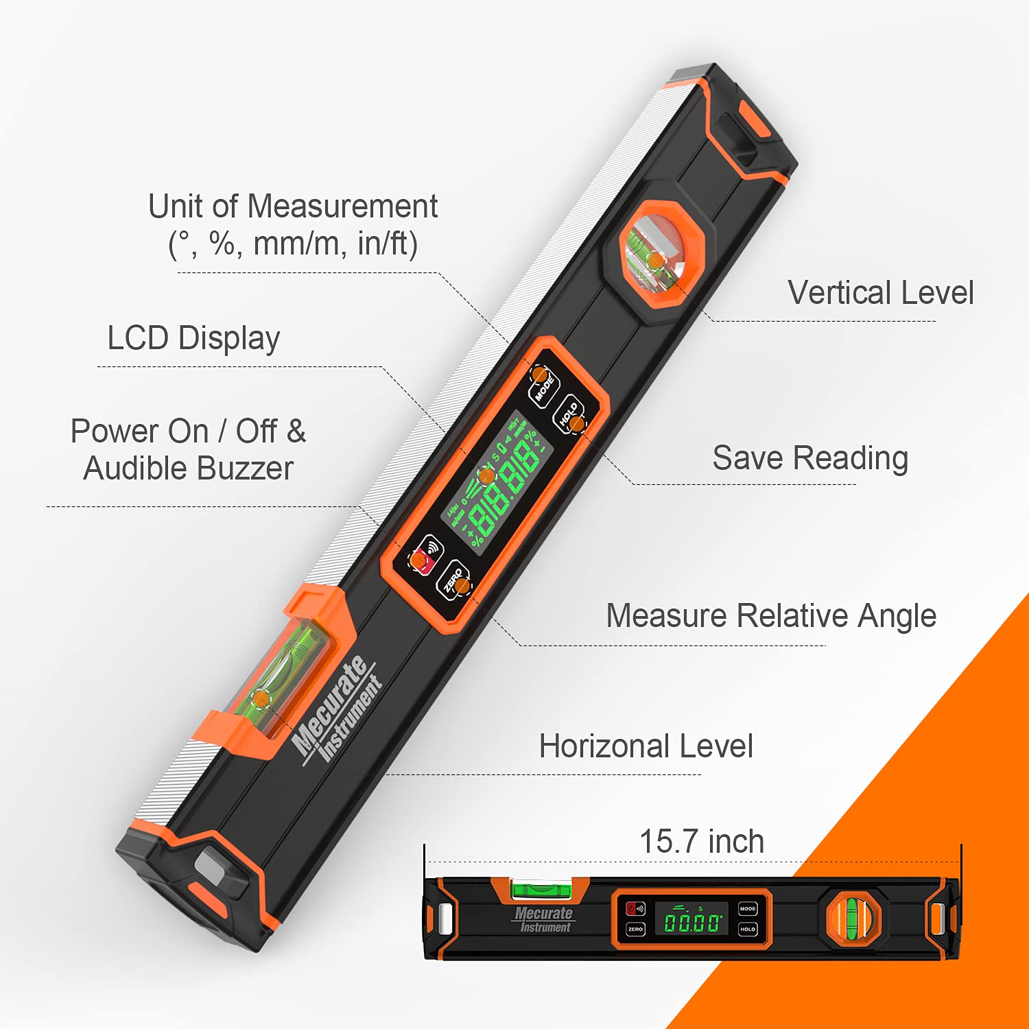 Mecurate Digital Level 15.7'' with LCD Display, 360° Angle Magnetic Digital Torpedo Level, Vertical & Horizontal Spirit Bubble Protractor for Construction Carpenter Craftsman Home Professional