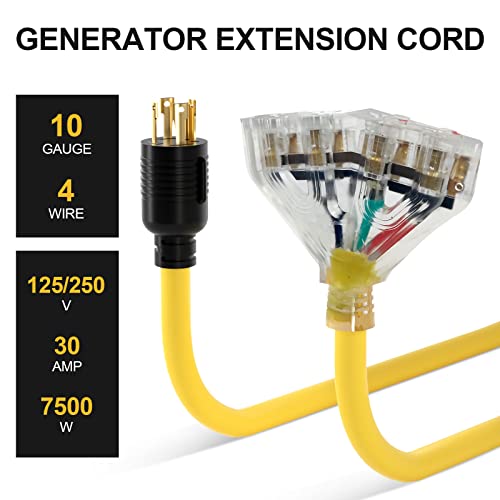 ExiBryony NEMA 25FT L14-30P to Four 5-20R Generator Locking Cord,10 Gauge Distribution Cord,Generator Adapter with Power Indicator, Household Cable with UL Listed,125/250V,7500W,4Prong