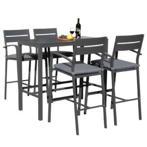 soleil jardin outdoor aluminum 5-piece bar set, dining bistro pub set, patio bar height chairs with cushion & slatted high top table for backyard garden pool, dark grey