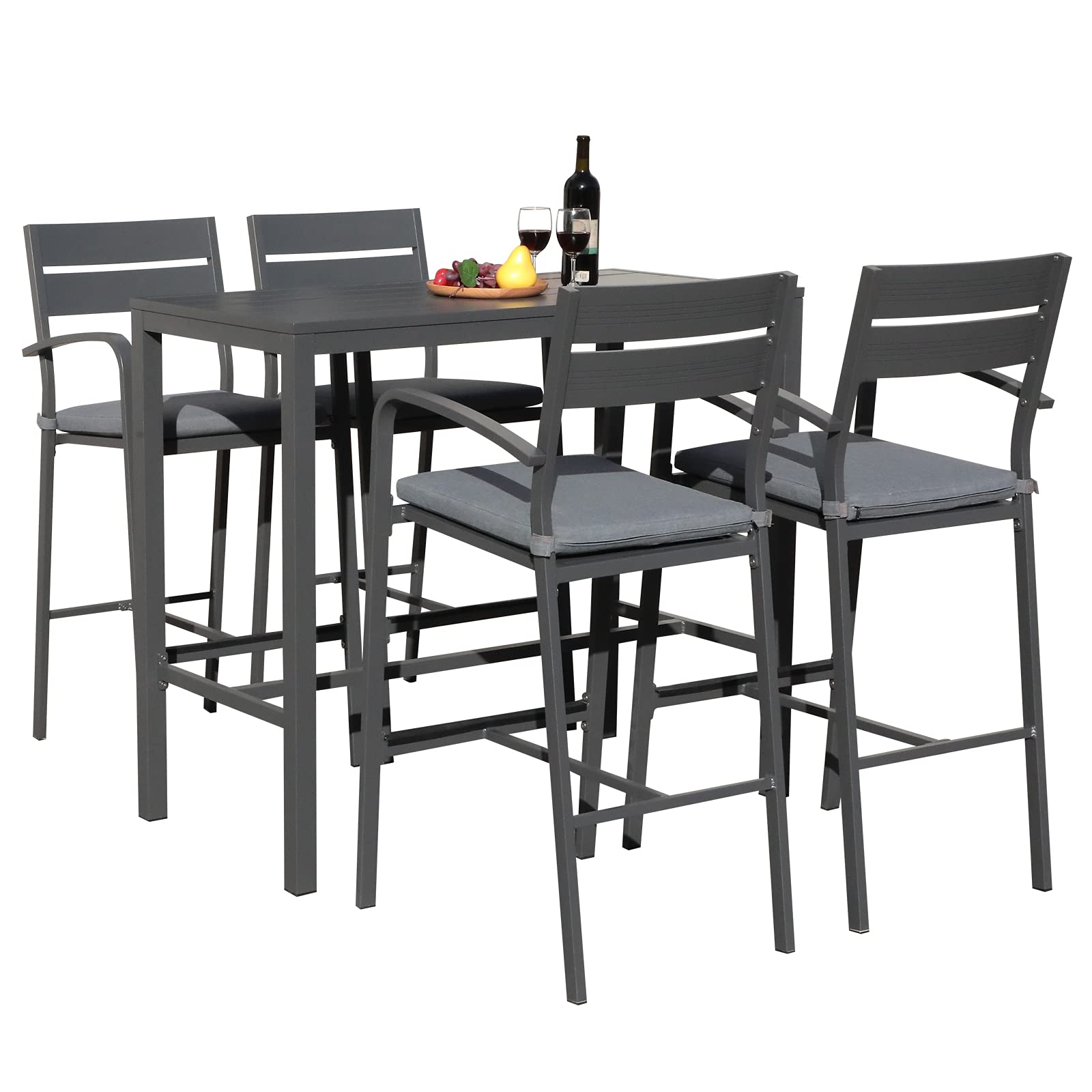 Soleil Jardin Outdoor Aluminum 5-Piece Bar Set, Dining Bistro Pub Set, Patio Bar Height Chairs with Cushion & Slatted High Top Table for Backyard Garden Pool, Dark Grey