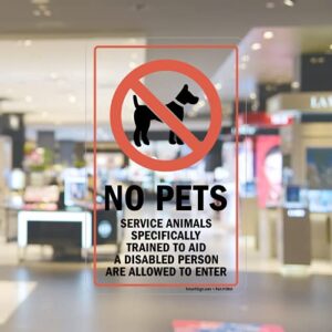 smartsign 8 x 5 inch “no pets, service animals specifically trained to aid a disabled person are allowed to enter” clear polyester decal, red and black